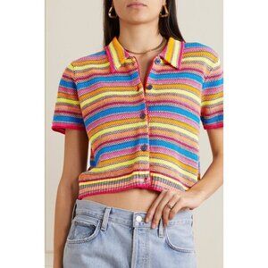 RE/DONE Striped Button-up Polo Collar Cardigan Short Sleeve Cropped Top Medium